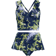 Women's Ruffle Midkini Top and High Waisted Bottom Swimsuit Set