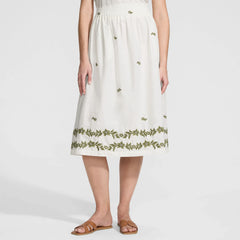 Women's Petite Poplin Smocked Embroidered High Rise Midi Skirt