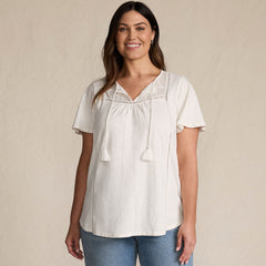 Women's Plus Size Slub Flutter Sleeve Lace Trim Notch Neck Tunic Top
