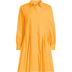 Women's Embroidered Poplin Button Front Dress with Godets