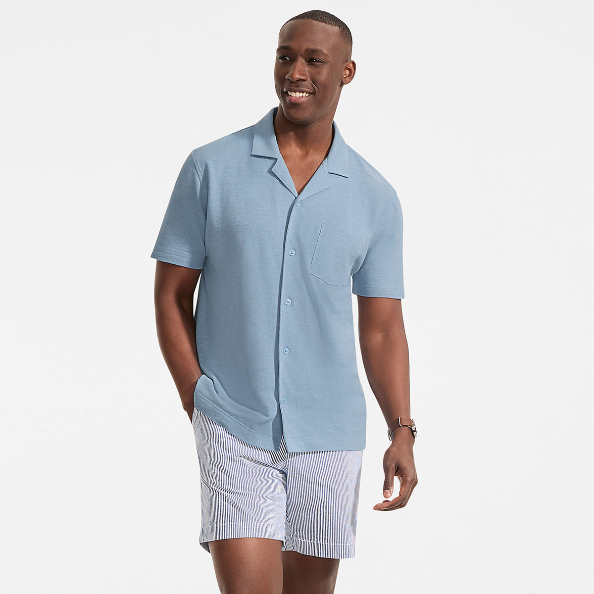 Men's Short Sleeve Cotton Linen Button Through Camp Collar Shirt