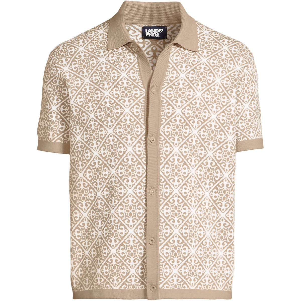 Men's Short Sleeve Tile Jacquard Button Down Sweater Polo