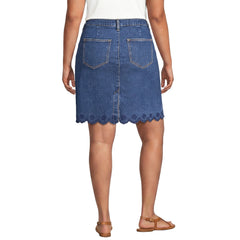 Women's Plus Size Soft Denim 5 Pocket Above the Knee Skirt with Embroidered Hem