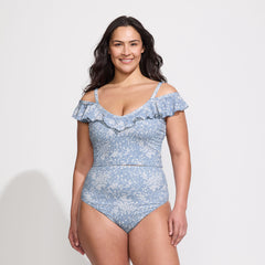 Women's Plus Size Pique Ruffle Midkini Top and High Waisted Bottom Swimsuit Set