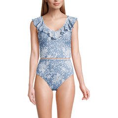 Women's Pique Ruffle Midkini Top and High Waisted Bottom Swimsuit Set