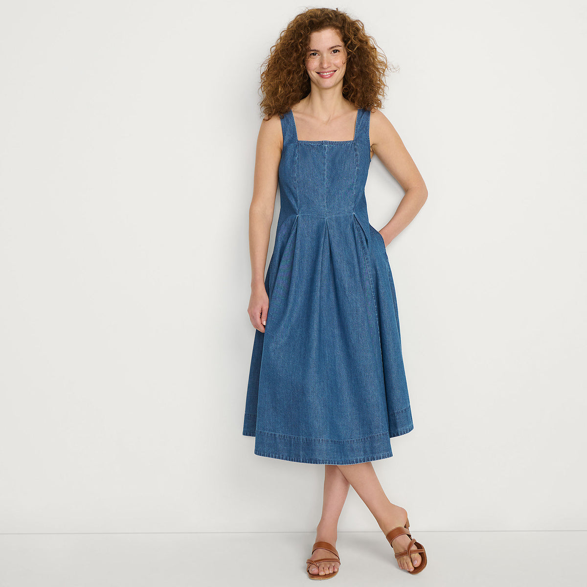 Women's Pleated Square Neck Light Weight Denim Midi Dress