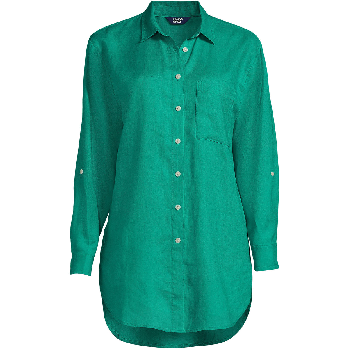 Women's Petite Linen Roll Sleeve Oversized Relaxed Tunic Top