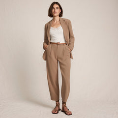 Women's Crepe High Rise Pleated Barrel Leg Ankle Pants