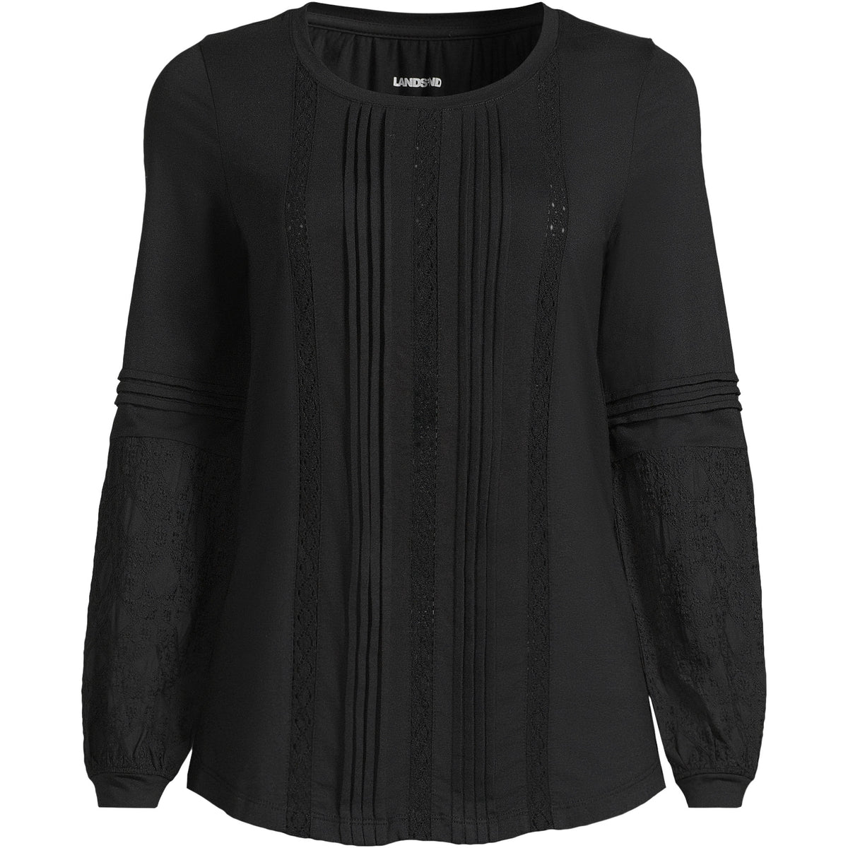 Women's Petite Lightweight Jersey Lace Mix Long Sleeve Pintuck Top