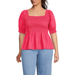 Women's Plus Size Poplin Elbow Sleeve Smocked Top