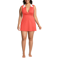 Women's Plus Size Polo Collar Tie Front Swim Dress Swimsuit