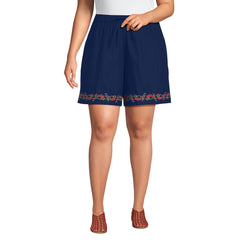 Women's Plus Size Poplin Embroidered High Rise 7" Pull On Shorts