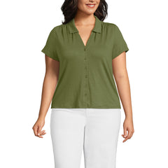 Women's Plus Size Linen Blend Short Sleeve Button Front Polo Top