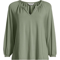 Women's Plus Size Lightweight Jersey 3/4 Sleeve Notch Neck Gather Blouse
