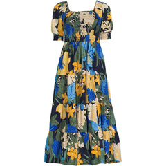 Women's Smocked Cotton Dobby Midi Puff Sleeve Dress