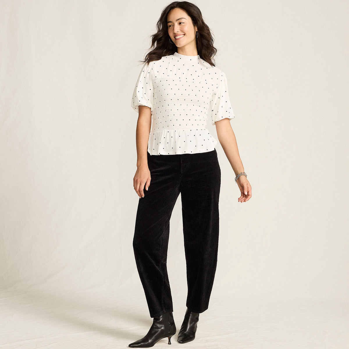 Women's Bubble Sleeve Silky Knit Smocked Mock Neck Top