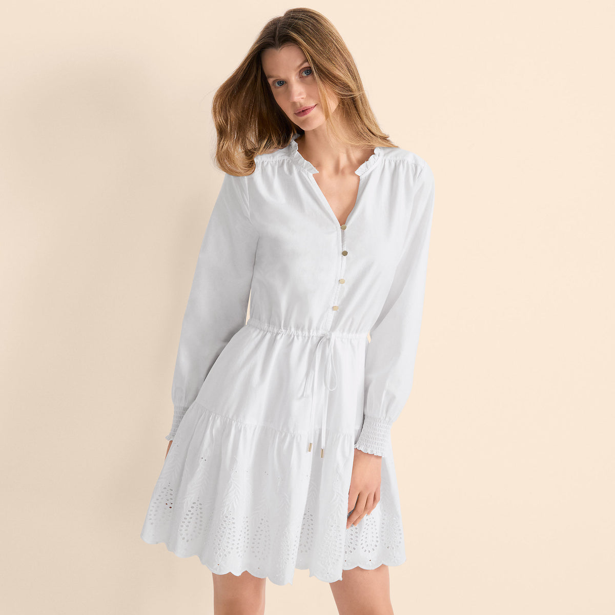 Women's Long Sleeve Eyelet Mini Popover Dress