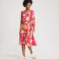Women's Crepe Button Front Long Sleeve Midi Dress