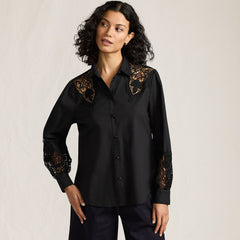 Women's Poplin Lace Inset Long Sleeve Top
