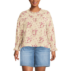 Women's Plus Size Cotton Voile Long Sleeve Crew Neck Top
