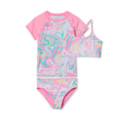 Girls Chlorine Resistant Short Sleeve Rash Guard 3 Piece Swimsuit Set