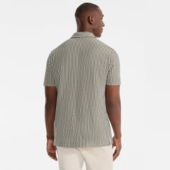 Men's Short Sleeve Cotton Linen Vertical Stripe Button Through Camp Collar Shirt