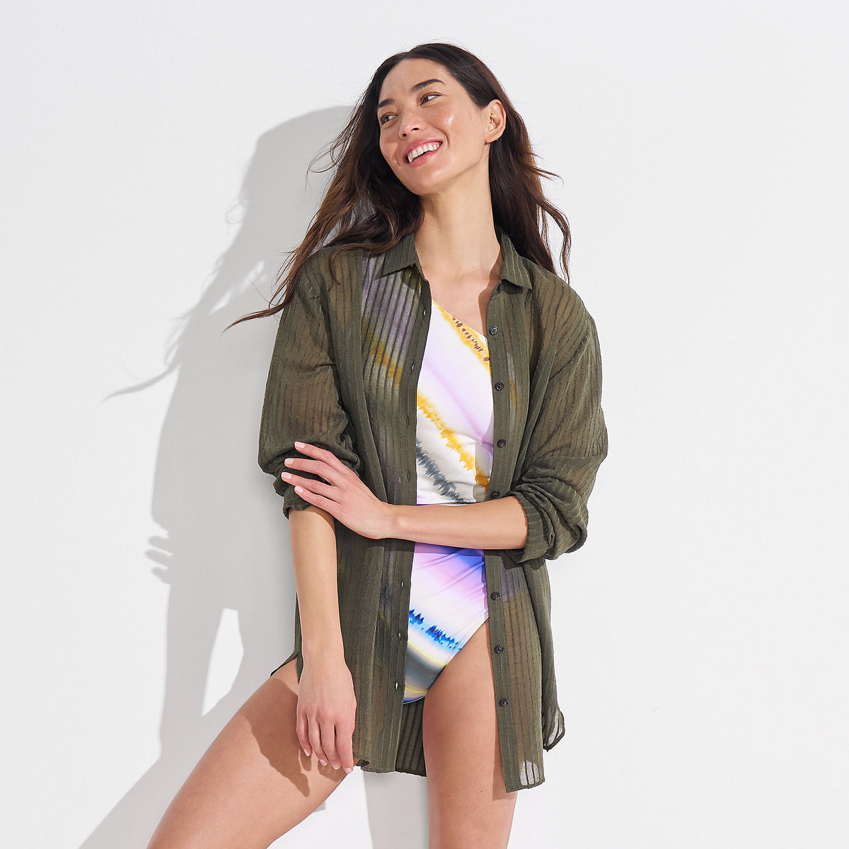 Women's Rayon Rib Button Down Cover-Up