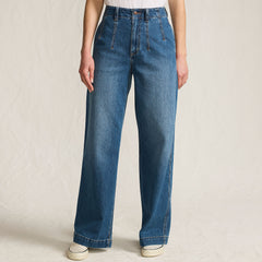 Women's Soft Denim High Rise Wide Leg Top Stitch Trousers