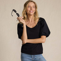 Women's Petite Drapey Rib Puff Sleeve Scoop Neck Top