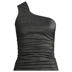 Women's Chlorine Resistant Shine Shirred One Shoulder Tankini Swimsuit Top