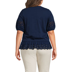 Women's Plus Size Elbow Sleeve Slub Lace Trim Adjustable Hem Top