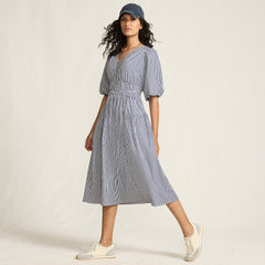Women's Puff Sleeve Smocked Waist V Neck Dress