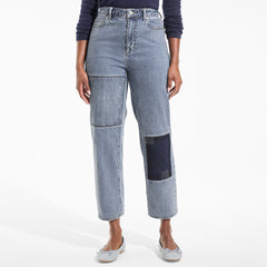 Women's Soft Denim Mid Rise Relaxed Straight Crop Patchwork Jeans