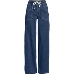 Women's Petite Lightweight Denim High Rise Relaxed Straight Pull On Pocket Jeans