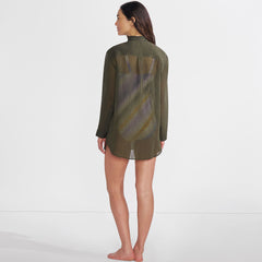 Women's Long Torso Rayon Rib Button Down Cover-Up