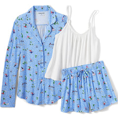 Women's Plus Size Cooling 3 Piece Pajama Set - Long Sleeve Top Cami and Shorts
