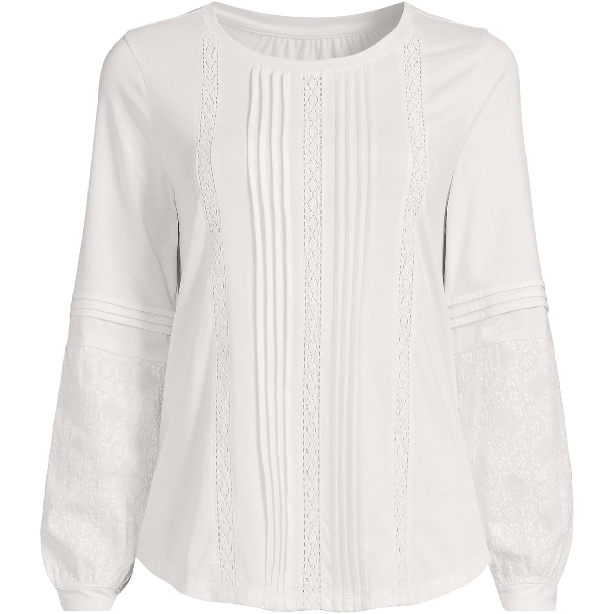 Women's Plus Size Lightweight Jersey Lace Mix Long Sleeve Pintuck Top