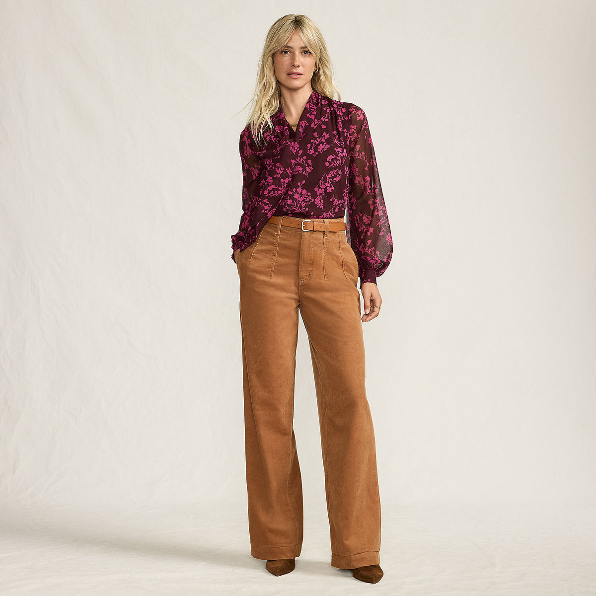 Women's Corduroy High Rise Wide Leg Top Stitch Trousers