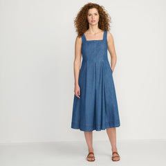 Women's Pleated Square Neck Light Weight Denim Midi Dress