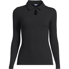 Women's Plus Size Long Sleeve Pointelle Rib Keyhole Polo Top